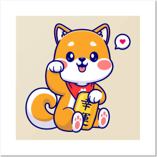 Cute Lucky Shiba Inu Holding Gold Coin Cartoon Posters and Art